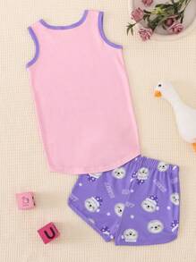 Set de 2 piezas de pijama ajustado para niña preadolescente, top con estampado de perezoso lindo y shorts, ropa de estar en casa de verano sin mangas - Rosa - Ver 2
