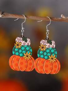 Cercei de Halloween/Ziua Recunoștinței/Recolta pentru femei, cu flori de leopard, dovleac, accesorii vintage pentru urechi din lemn cu două fețe, cadou de petrecere