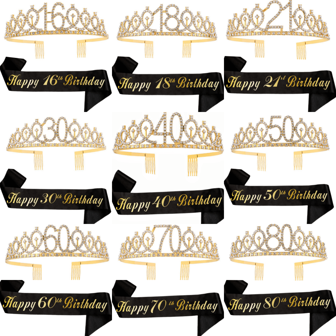 2pcs/Set Birthday Sash And Tiara For Women Including Birthday Crown,Happy 16th 18th 21th 30th 40th 50th 60th 70th 80th Birthday Sash Ribbon Fabulous Candles And Cake Topper, Birthday Women Gifts For Happy Birthday Party Favor Supplies For Gold,Christmas