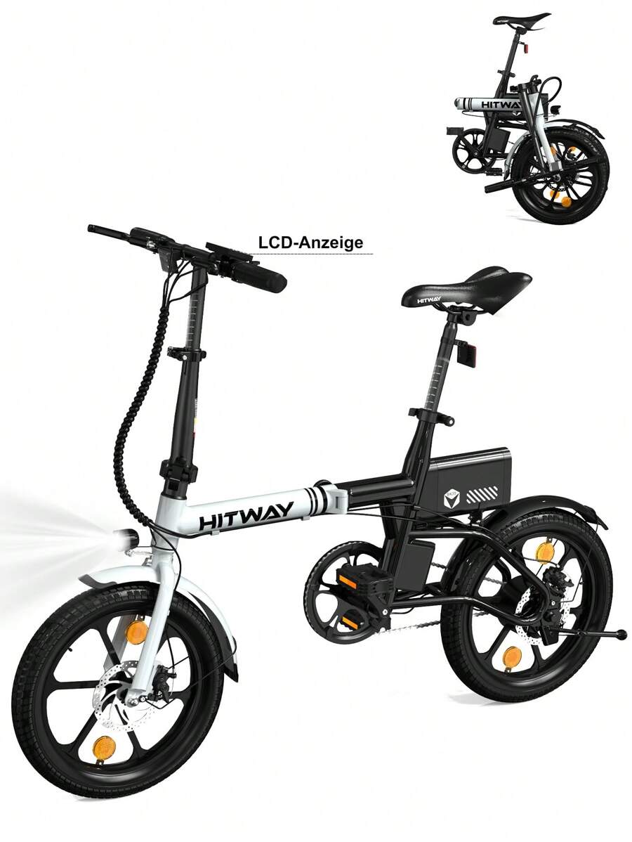 HITWAY BK35 Electric Bike, 250W Power, 7 Speed Variable Speed Electric Bicycle, 25-60km Range, 16ft Folding Bicycle - 黑與白 - 查看 1