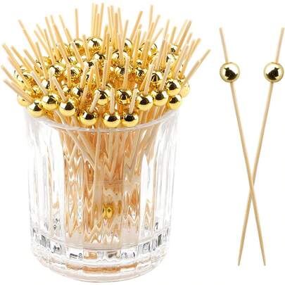 100pcs Cocktail Picks, Fancy Appetizer Toothpicks, 4.7 Inches (About 11.9 Cm) In Length, Ideal For Appetizers, Gold Pearl Long Toothpicks With Charcoal Accessory, Suitable For Beverage, Dessert, Fruit, Sandwich, Party Food Decoration