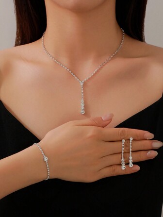 1set/4pcs Fashionable European And American Style Full Rhinestone Necklace,Round Rhinestone Bracelet, Wedding Jewelry Set With Necklace & Earrings&Chain Bracelet, Perfect For Parties, Dinners & Holidays ﻿ Halloween