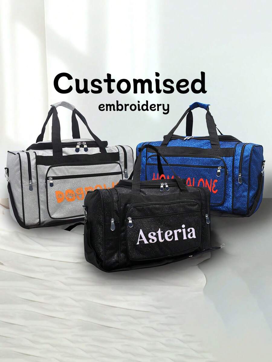 Custom Name Glitter Golden Onion Powder Sparkle Large Capacity Luggage Bag, Fashionable Travel Organizer Bag, Multi-Functional Outdoor Leisure Bag, Can Be Used As Shoulder Bag Or Crossbody Bag For Fitness Travel Overnight Luggage Bag - Silver - View 1