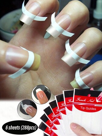 6 ark (288 st) Franska nagelklistermärken med vågiga cirkelmönster och modelleringsmallar för nagellack och glitterapplikation för att skapa en fransk manikyr utan översvämning