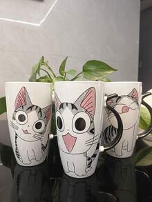 1 Máy Tính Thiết Kế Hình Mèo Dễ Thương Dung Tích Lớn Cốc Nước Gốm Sáng Tạo Cặp Đôi Cốc Ăn Sáng Cho Gia Đình Và Văn Phòng - trắng - Xem 1