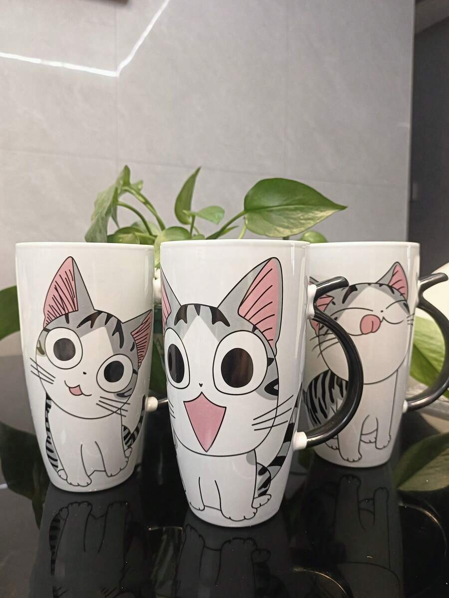1 Máy Tính Thiết Kế Hình Mèo Dễ Thương Dung Tích Lớn Cốc Nước Gốm Sáng Tạo Cặp Đôi Cốc Ăn Sáng Cho Gia Đình Và Văn Phòng - trắng - Xem 1