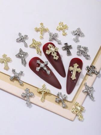 Halloween 60Pcs Gold And Silver Punk Retro Cross Nail Art Decoration Alloyed Metal Texture Y2K Metal Style Diy Nail Art Decorations Nail Glitter Metal Drill Three-Dimensional Simple And Versatile Nail Rhinestone Jewelry, False Nail Decoration Accessories Suitable For Ladies And Girls Manicure Supplies Nail Charms Nail Gems Nails
