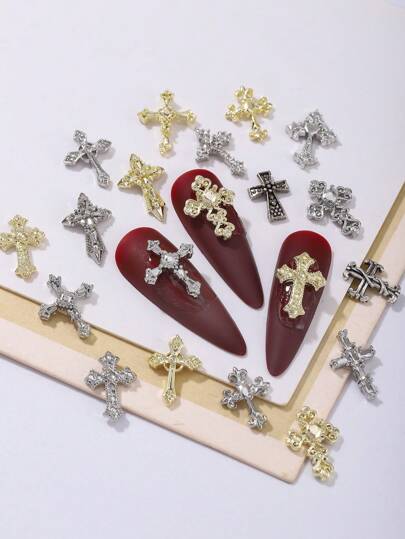 万圣节 60 件金银朋克复古十字架美甲装饰合金金属质感 Y2K 金属风格 DIY 美甲装饰指甲闪光金属钻立体简约百搭指甲水钻首饰，假指甲装饰配件适合女士和女孩美甲用品指甲饰指甲宝石指甲