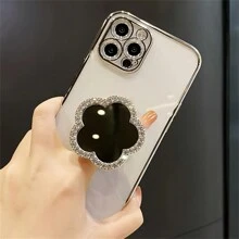 Luxury Diamond Holder Folding Mirror Mobile Bracket Makeup Mirror Electroplating Color New Style Mirror Mobile Phone Case Back Mobile Bracket Accessory Compatible With IPhone, Android Phone, Gift For Birthday, Family, Friends Push-Pull Phone Grip, Phone Holder, Phone Accessories - Multicolor - View 4