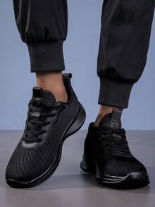 2024夏季男士運動鞋，圓頭透氣網布跑步鞋，鞋帶，輕便，休閒時尚，防滑，透氣，戶外徒步鞋 - 黑色 - 查看 4