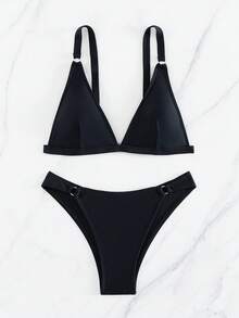 Summer Women's Solid Color Two-Piece Bikini Set Summer Beach - Black - View 2