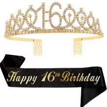 2 件套女士生日腰带和头饰，包括生日皇冠，16 岁、18 岁、21 岁、30 岁、40 岁、50 岁、60 岁、70 岁、80 岁生日腰带丝带精美蜡烛和蛋糕装饰，生日女士礼物，生日快乐派对礼品，金色、圣诞节 - 金色 - 查看 20
