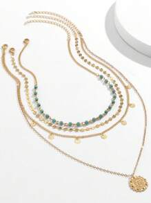 HOTNICE 4條女士金層疊項鍊，夏日波西米亞風層疊墜子項鍊，鄉村音樂會項鍊，綠松石女長項鍊 - 4件套 - 查看 3