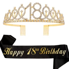 2 件套女士生日腰带和头饰，包括生日皇冠，16 岁、18 岁、21 岁、30 岁、40 岁、50 岁、60 岁、70 岁、80 岁生日腰带丝带精美蜡烛和蛋糕装饰，生日女士礼物，生日快乐派对礼品，金色、圣诞节 - 金色 - 查看 18