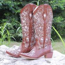 Women's Sunflower Printed Western Boots Cowgirl Round Toe Short Boots Embroidered Boots - 棕色 - 查看 4