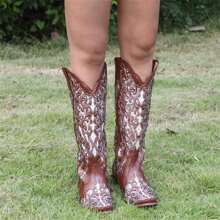 Women's Sunflower Printed Western Boots Cowgirl Round Toe Short Boots Embroidered Boots - 棕色 - 查看 5