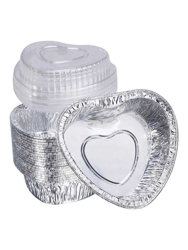 12pcs Heart-Shaped Tin Foil Baking Cup With Lids, Reusable Aluminum Foil Cupcake Muffin Baking Cup For Valentine's Day,  Food Storage Tray, Cooking & Baking Supply, Wedding & Birthday Party Decoration
