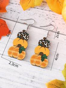 Cercei de Halloween/Ziua Recunoștinței/Recolta pentru femei, cu flori de leopard, dovleac, accesorii vintage pentru urechi din lemn cu două fețe, cadou de petrecere