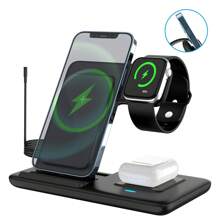 三合一可折叠无线充电器支架兼容 Apple iPhone、Apple Watch 和耳机，支持 15W 快速充电 - 黑色 - 查看 3