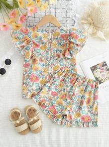 Young Girl Floral Print Round Neck Cap Sleeve Top + Shorts Vacation Set