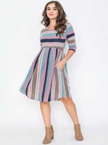 Boho Retro Vintage Mint Olive Coral Purple Pink  Navy Mint Multi Stripe  Knit Swing Dress | Small -3XL Plus - Hồng - Xem 5