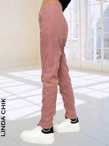 Pantalones Casuales Largos De Ajuste Holgado Para Mujeres De Diseño De Cordón De Cintura Elástica En Color Sólido - Rosa - Ver 3