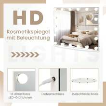 Hollywood Mirror With Lighting, Make-Up Mirror With 18 Dimmable LED Lamps & 3 Colors, Touch Control Switch Make-Up Mirror, 65 X 52.5 Cm