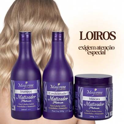 Kit Matizador Platinum Cabelos Loiros Maycrene - 3 Produtos Capilares