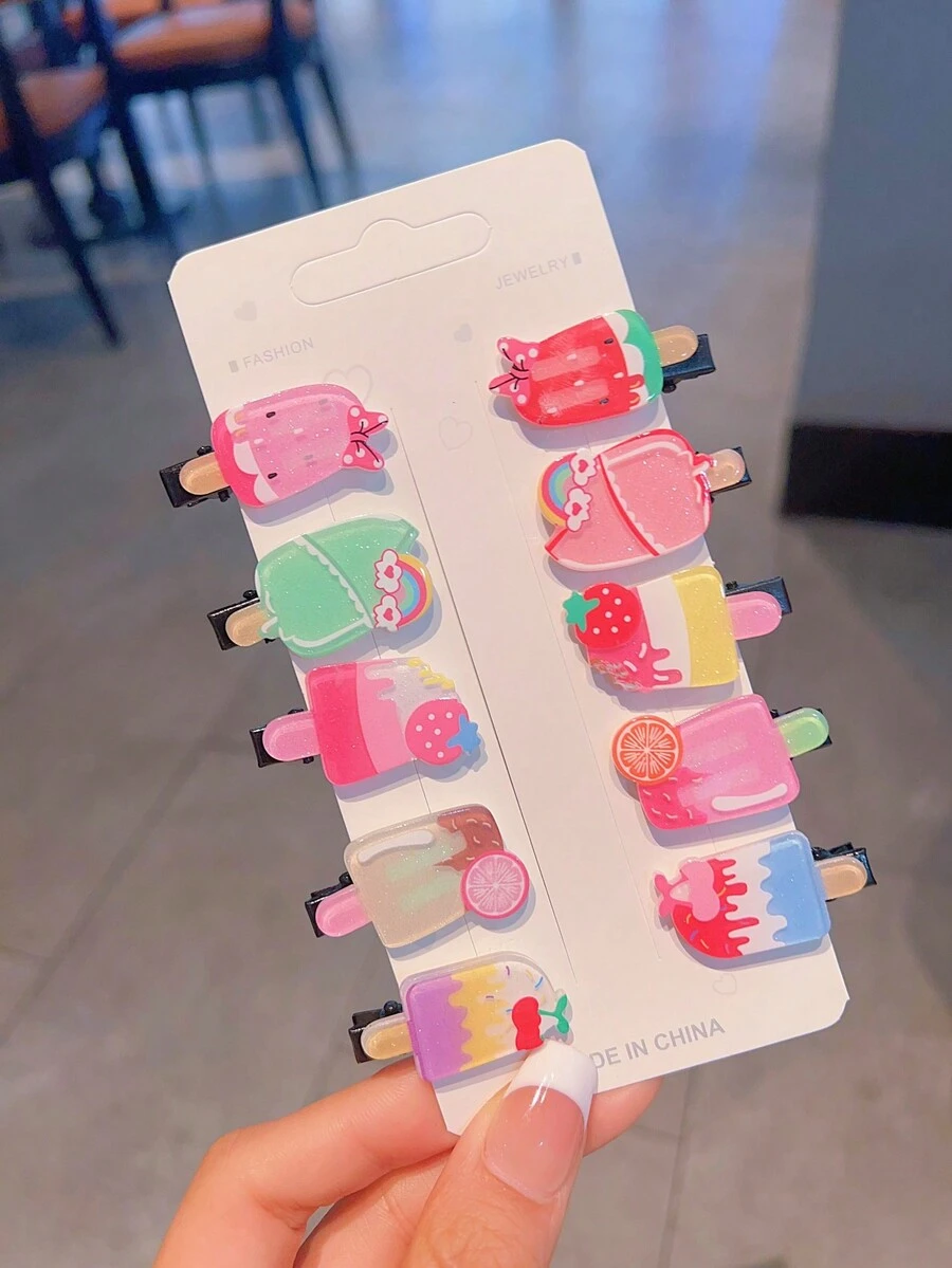 10pcs Cute Cartoon Acrylic Hair Clips For Girls - Multicolor - View 1