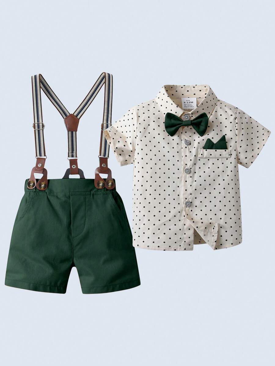 BOARNSEORL 2pcs Young Boys' Gentleman Suit Including Short-Sleeved Collared Shirt With Bow Tie And Khaki Shorts Or Overalls, Suitable For Birthday Parties, Weddings, Banquets And Performances