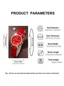 SOKI SOKI 1 Set Women's Fashion Casual Quartz Watch With Peach-Shaped Dial, Matching Heart-Shaped Necklace, Earrings, Bracelet And Ring Jewelry Set, Suitable For Daily Wear, Birthday Gift, Party, Holiday Gathering, Ideal Gift For Yourself Or Friends. No Packaging Box Included. - Red - View 5