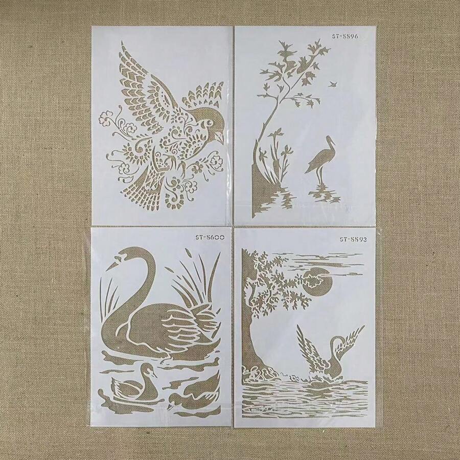1pc White Plastic A4 Painting Stencil Template With Theme Of Swans, Birds, And Peacocks - White - View 1