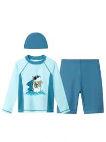 Annil Conjunto de pantalones cortos de manga larga divididos para niños, pantalones de traje de baño, gorro de natación, cómodos y elásticos con dibujos animados para verano