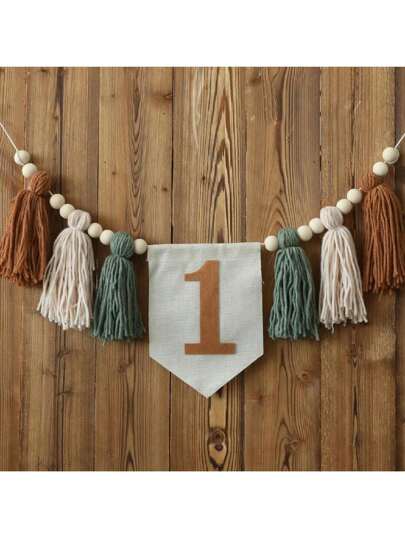 1 pezzo di striscione per sedia alta da compleanno con nappine verdi e marroni e corona di fiori, per decorazione festa di compleanno e accessorio fotografico, Natale