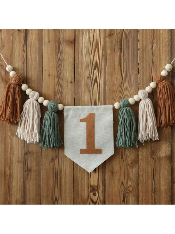 1pc Birthday Highchair Banner With Green And Brown Tassel Garland And Flower Wreath, For Birthday Party Decoration And Photography Prop,Christmas