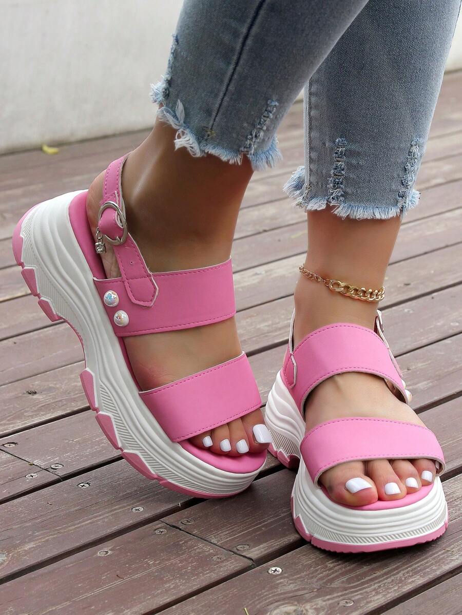 Thick Sole Sandals, Fairy-Style Platform Chunky Heels, Peep Toe High Heeled Shoes, Large Size Women's Summer New Arrival Strap Buckle Retro Platform Wedge Casual Sports Sandals - Pink - View 1