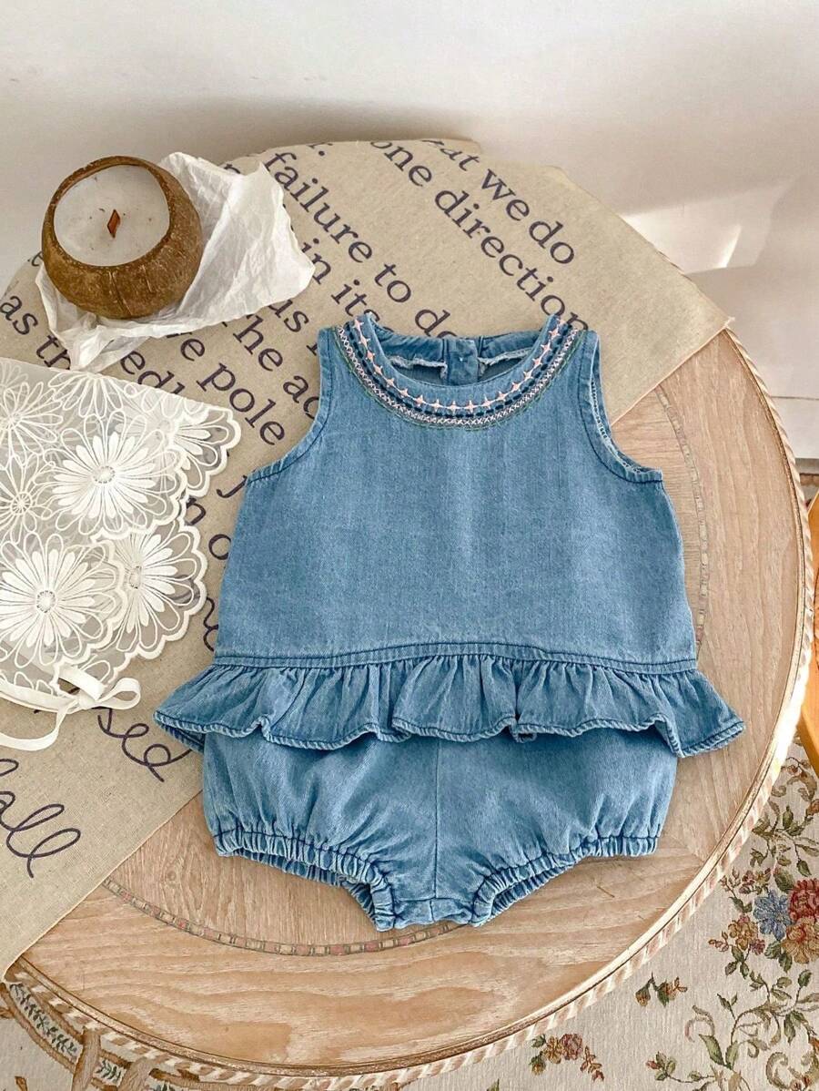 夏季新款女婴服装，纯棉甜美无袖套装，精致刺绣柔软牛仔服 - 藍色 - 查看 1