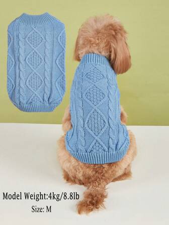 1pc New Dog Grid Sweater With Twisted Knit Texture, Small Knitted Pet Jumpsuit