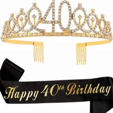 2 件套女士生日腰带和头饰，包括生日皇冠，16 岁、18 岁、21 岁、30 岁、40 岁、50 岁、60 岁、70 岁、80 岁生日腰带丝带精美蜡烛和蛋糕装饰，生日女士礼物，生日快乐派对礼品，金色、圣诞节 - 金色 - 查看 19