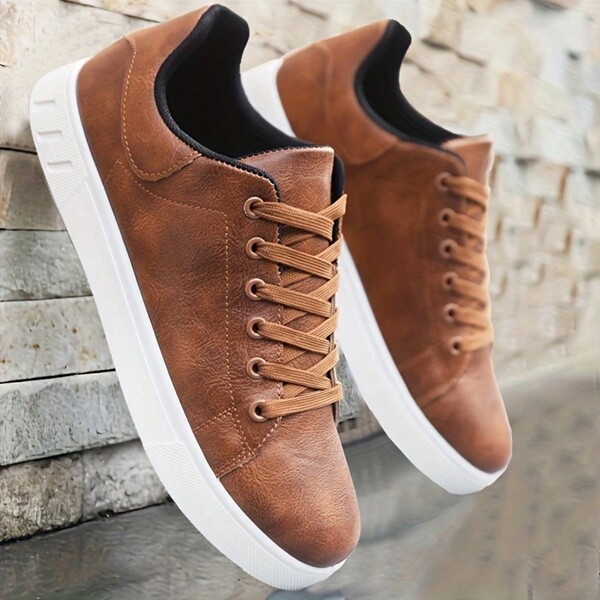 Men's Outdoor Flat Simple Fashion Casual Sports Shoes, Round Toe Soft & Comfortable Skate Shoes With Lace-Up