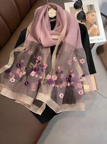 Women's Elegant Silk/wool Blended Scarf With Purple Flower Beads Embroidery, Perfect For Summer Travel, Autumn And Winter Protection Against The Sun, Keeping Warm, And Decoration - Purple - View 1