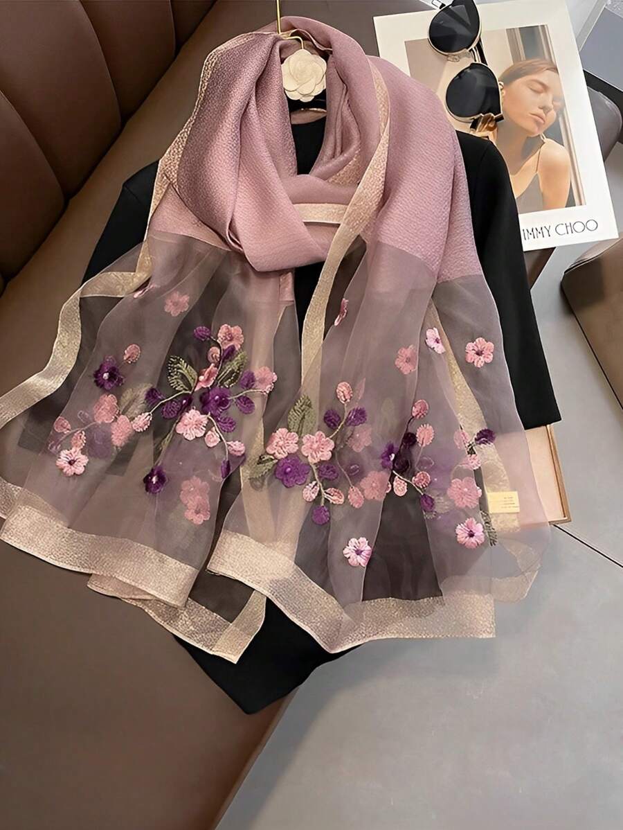 Women's Elegant Silk/wool Blended Scarf With Purple Flower Beads Embroidery, Perfect For Summer Travel, Autumn And Winter Protection Against The Sun, Keeping Warm, And Decoration - Purple - View 1