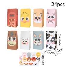 24入組農場主題卡通動物紙印刷糖果袋，牛、羊、馬、雞、豬和狗圖案禮品包裝袋，適用於農場主題生日派對禮袋