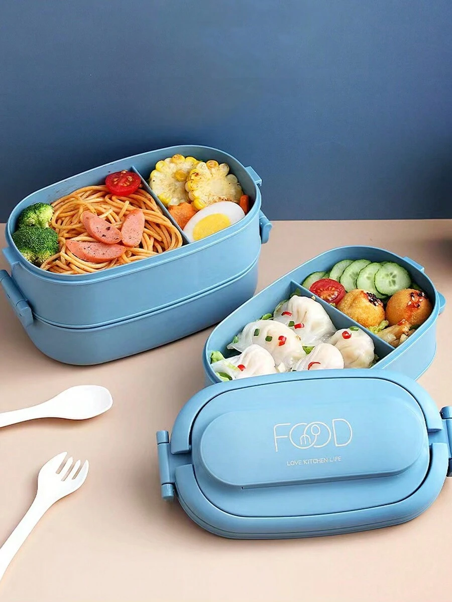 3層隔熱便當盒，附有匙羹和叉子，適用於野餐，可放入微波爐加熱