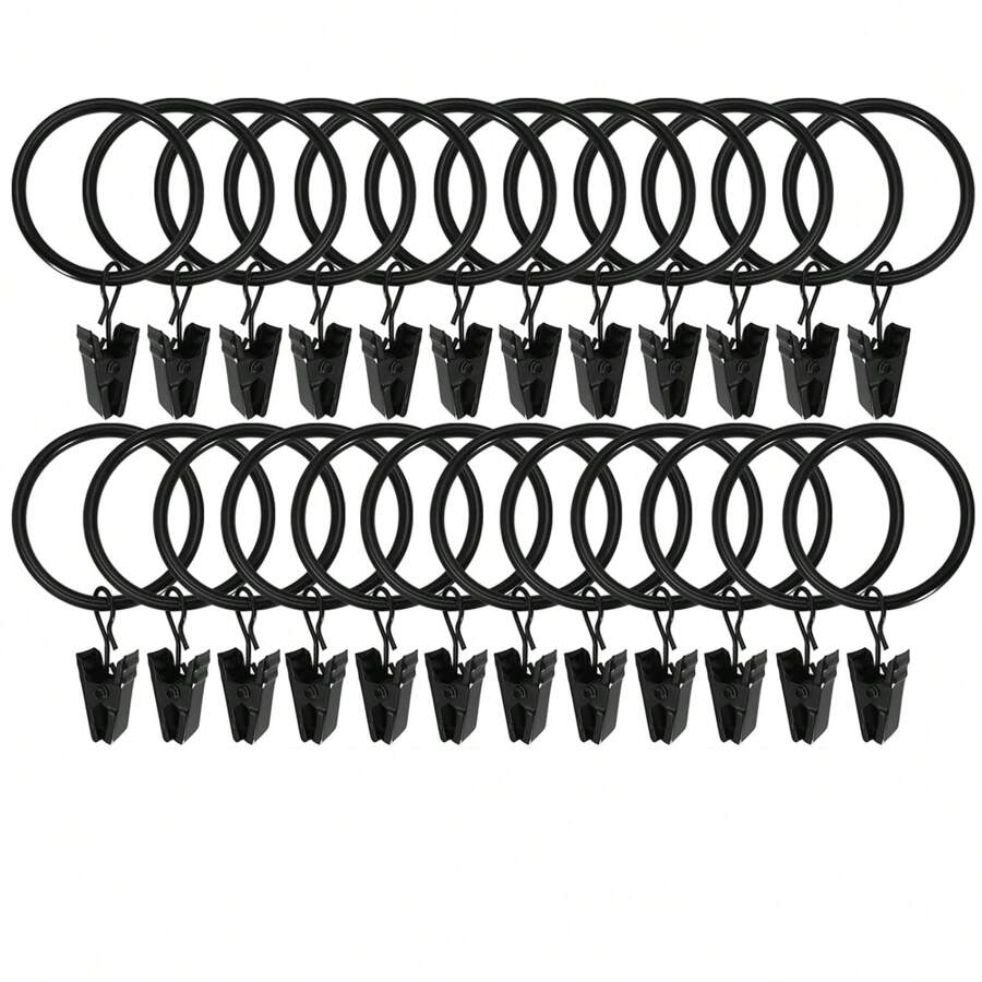 24 anillas para cortina con clips, anillas de clip para ventanas, ganchos para cortinas y anillas negras para colgar cortinas, lazos, mini de 1 pulgada de diámetro, se ajustan a una varilla de hasta 5/8". - Negro - Ver 1