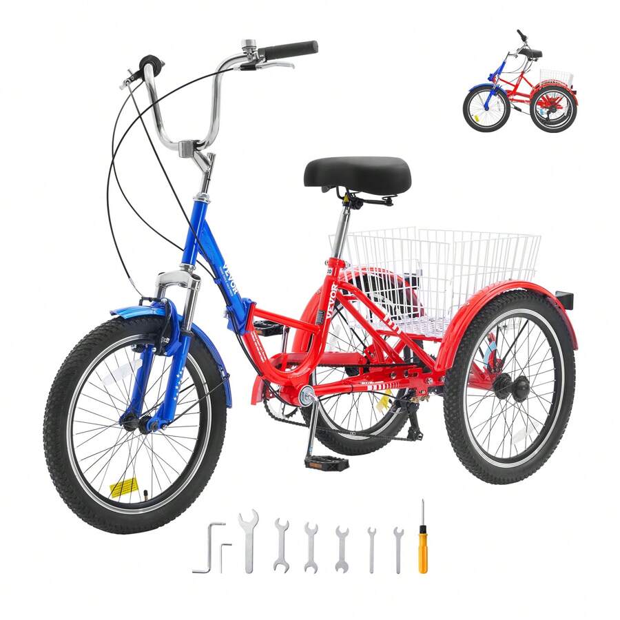 Folding Adult Tricycle, 20-Inch 7-Speed Adult Folding Trikes, Carbon Steel 3 Wheel Cruiser Bike With Large Basket & Adjustable Seat, Shopping Picnic Foldable Tricycles For Women, Men, Seniors