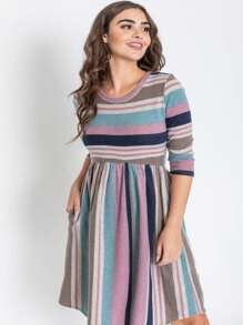 Boho Retro Vintage Mint Olive Coral Purple Pink  Navy Mint Multi Stripe  Knit Swing Dress | Small -3XL Plus - Hồng - Xem 9