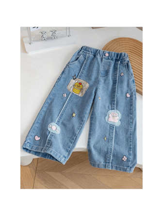 Young Girl Adhesive Denim Jeans, Loose-Fit Straight-Leg Pants, Cute And Versatile