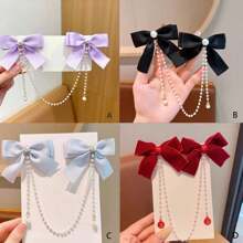 1 pieza de clip de pelo de cadena de perlas de moda con diamantes de imitación y moño para niñas - C - Ver 1