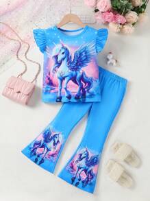 Conjunto de 2 piezas para niña joven: top de manga corta con estampado de unicornio casual + pantalones acampanados - Azul - Ver 1